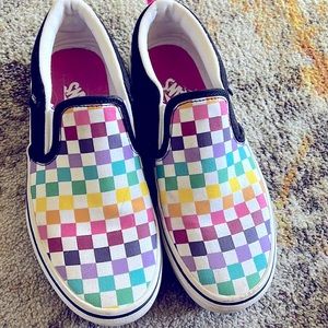 Vans women’s or big girl multi colored checked slip on loafers sneakers size 4.5